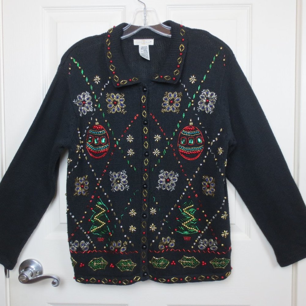 Vintage Yarnworks Women's Christmas Front Button Sweater Size M Black Beaded